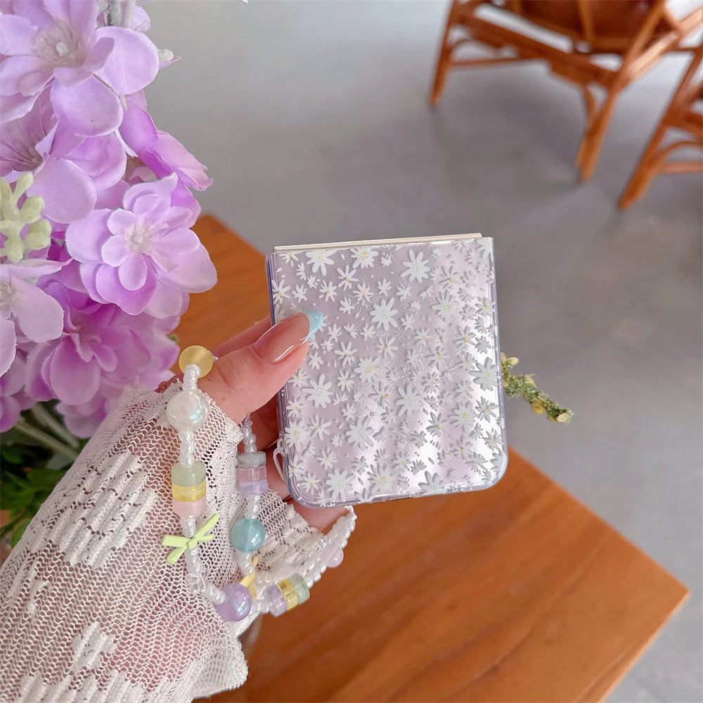 Ins Cute Small Flower Silicone Phone Case  for Samsung Galaxy Z Flip5 6 7 Flip6 7 FE Flip7 Flip5 4 3 Cover with Chain Kawaii Cap