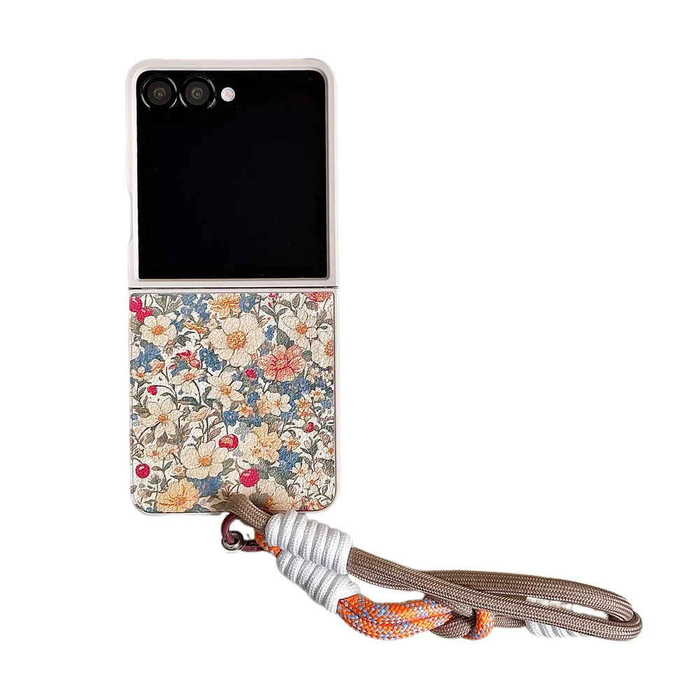 Stylish Leather Flower Phone Case for Samsung Galaxy Z Flip 7 Flip 6 7FE flip 5 flip4 3 flip7 Cover Cute Fundas Protection Cases