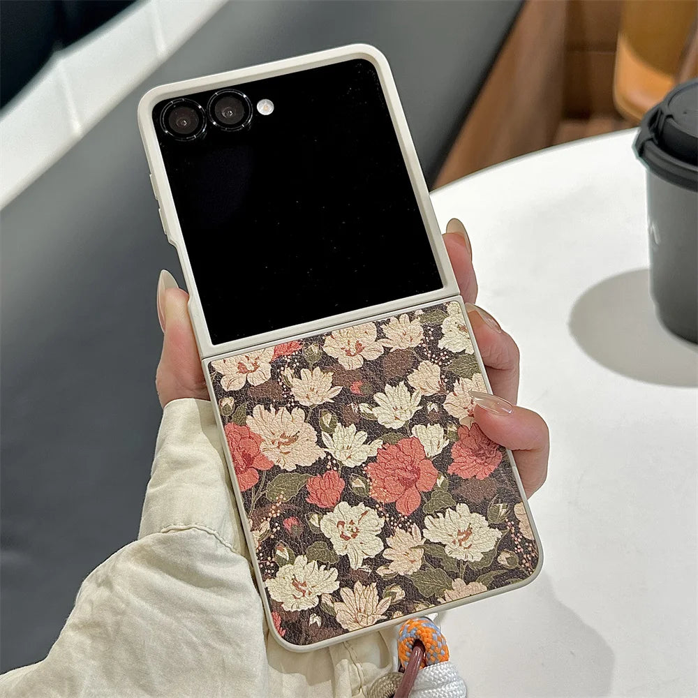 Stylish Leather Flower Phone Case for Samsung Galaxy Z Flip 7 Flip 6 7FE flip 5 flip4 3 flip7 Cover Cute Fundas Protection Cases