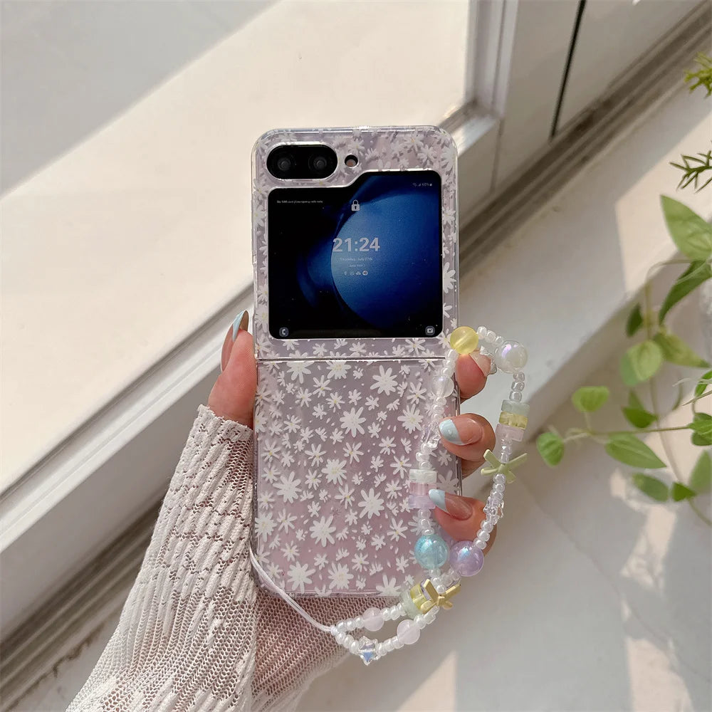 Ins Cute Small Flower Silicone Phone Case  for Samsung Galaxy Z Flip5 6 7 Flip6 7 FE Flip7 Flip5 4 3 Cover with Chain Kawaii Cap