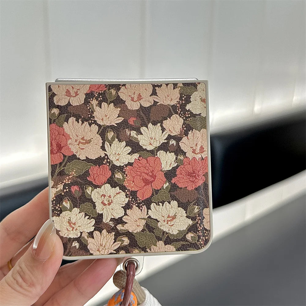 Stylish Leather Flower Phone Case for Samsung Galaxy Z Flip 7 Flip 6 7FE flip 5 flip4 3 flip7 Cover Cute Fundas Protection Cases