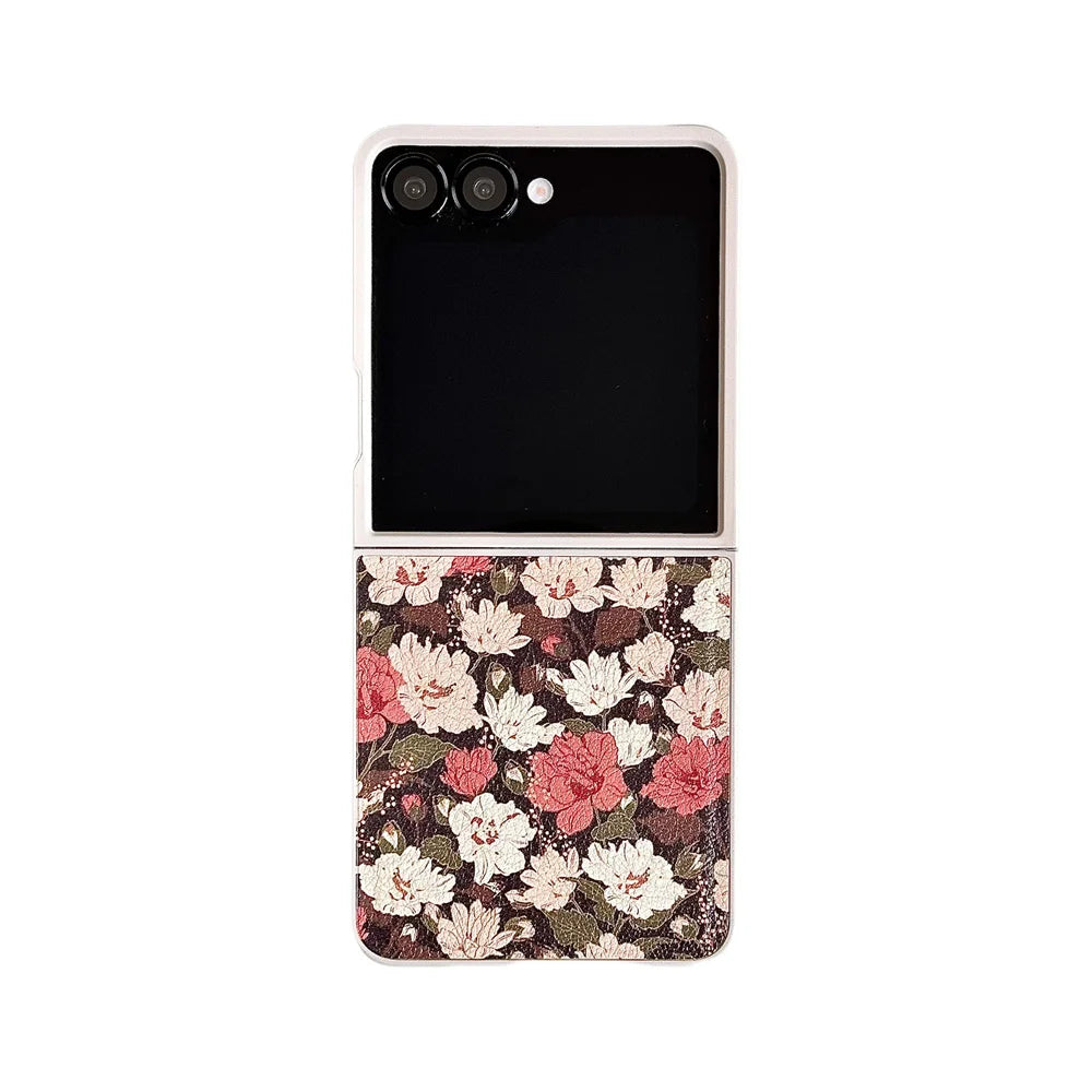 Stylish Leather Flower Phone Case for Samsung Galaxy Z Flip 7 Flip 6 7FE flip 5 flip4 3 flip7 Cover Cute Fundas Protection Cases