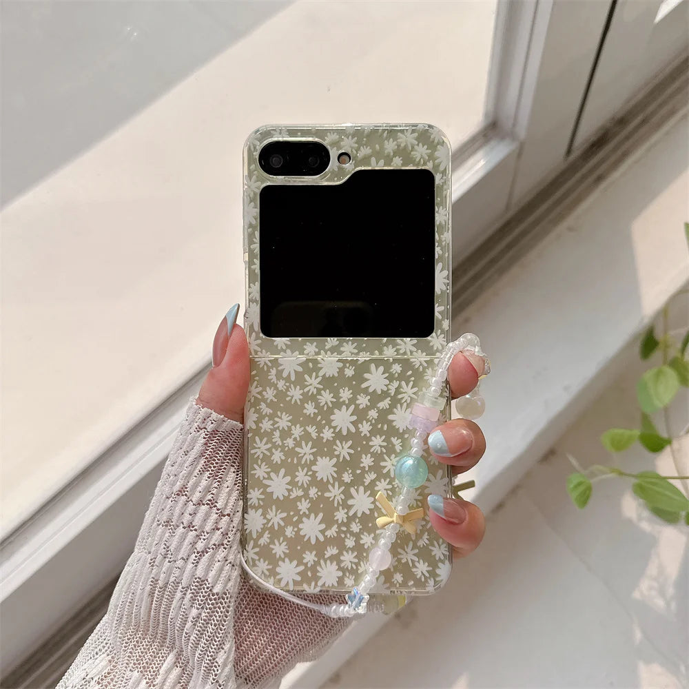 Ins Cute Small Flower Silicone Phone Case  for Samsung Galaxy Z Flip5 6 7 Flip6 7 FE Flip7 Flip5 4 3 Cover with Chain Kawaii Cap