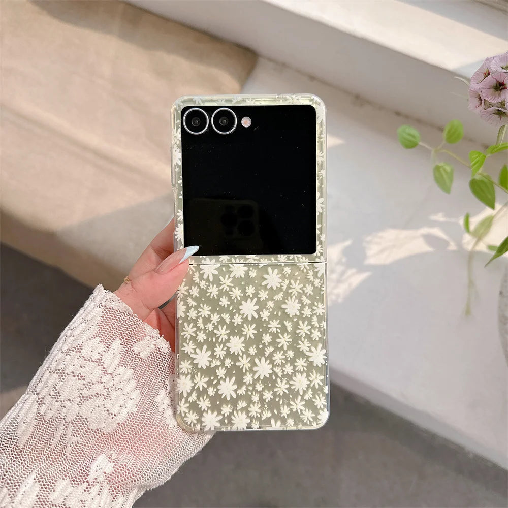Ins Cute Small Flower Silicone Phone Case  for Samsung Galaxy Z Flip5 6 7 Flip6 7 FE Flip7 Flip5 4 3 Cover with Chain Kawaii Cap