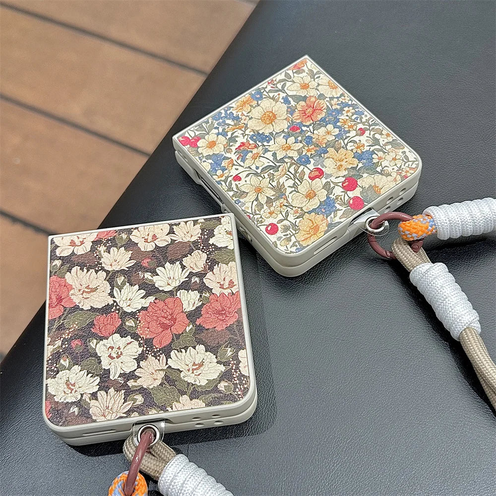Stylish Leather Flower Phone Case for Samsung Galaxy Z Flip 7 Flip 6 7FE flip 5 flip4 3 flip7 Cover Cute Fundas Protection Cases