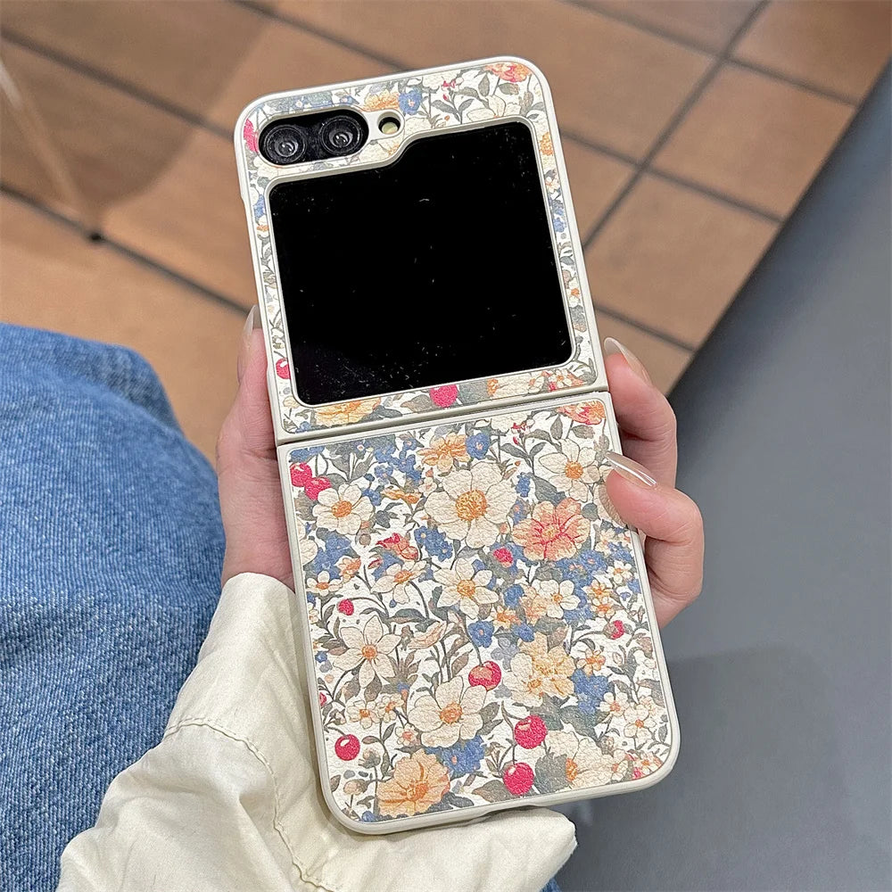 Stylish Leather Flower Phone Case for Samsung Galaxy Z Flip 7 Flip 6 7FE flip 5 flip4 3 flip7 Cover Cute Fundas Protection Cases