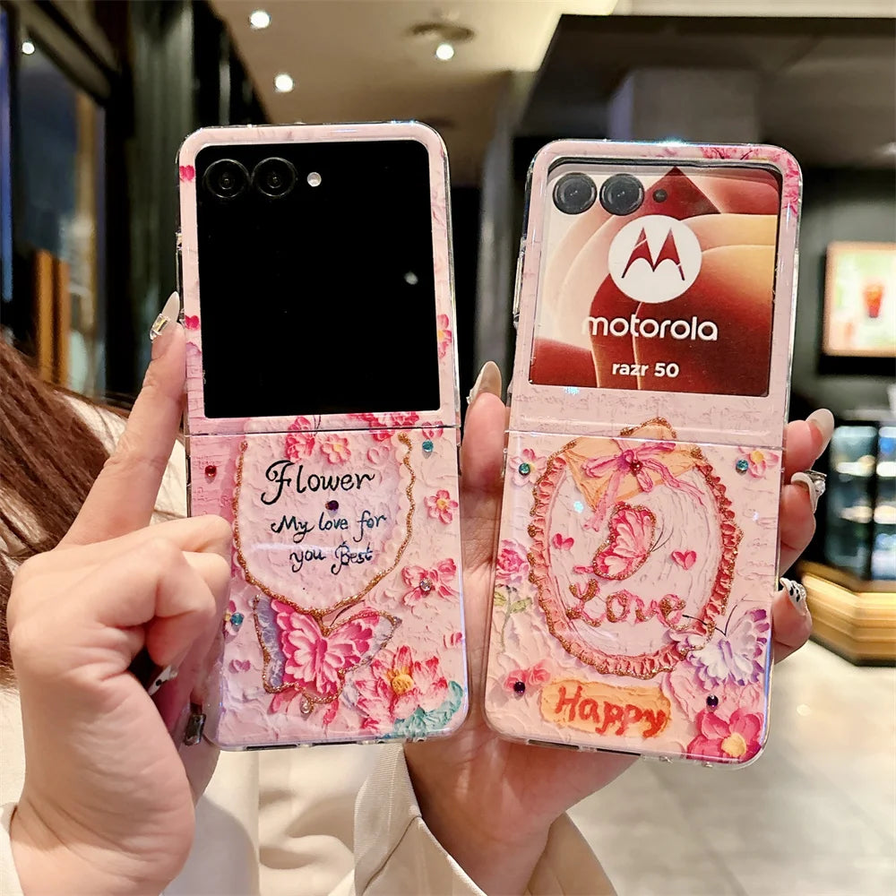 Oil Painting Butterfly Pattern Phone Case For Motorola Moto Razr 50 Ultra Jewelled Protection PC Hard Shell Back Cover