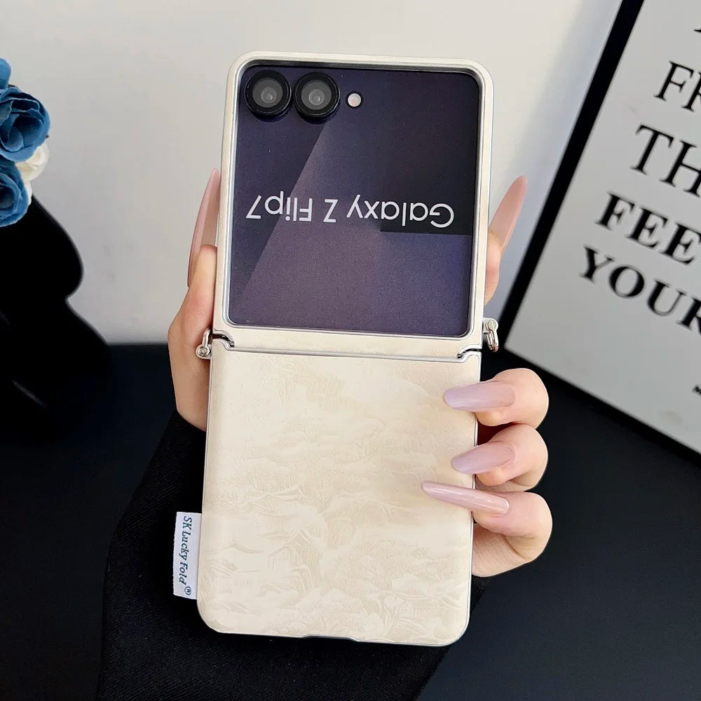 For Samsung Galaxy Z Flip 7 6 5 Flip 7FE Side Buckle Phone Case Landscape Painting Folding Protection Cover with Lanyard