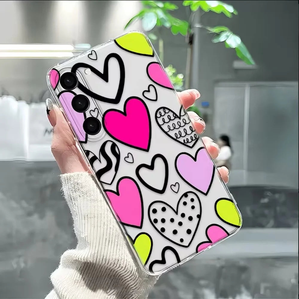 Heart Shape Graffiti Clear TPU Phone Case For Samsung Galaxy S26 S25 S24 S23 S22 S21 S20 Ultra Plus FE Edge 2022 5G Slim Cover