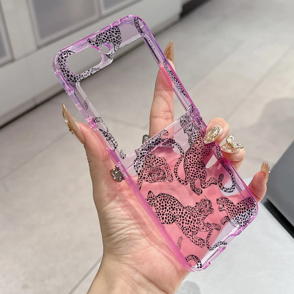 Fashion Pink Leopard Phone Case for Motorola Moto Razr 40 50 60 Ultra 5G Semi-transparent Foldable Soft TPU Cover