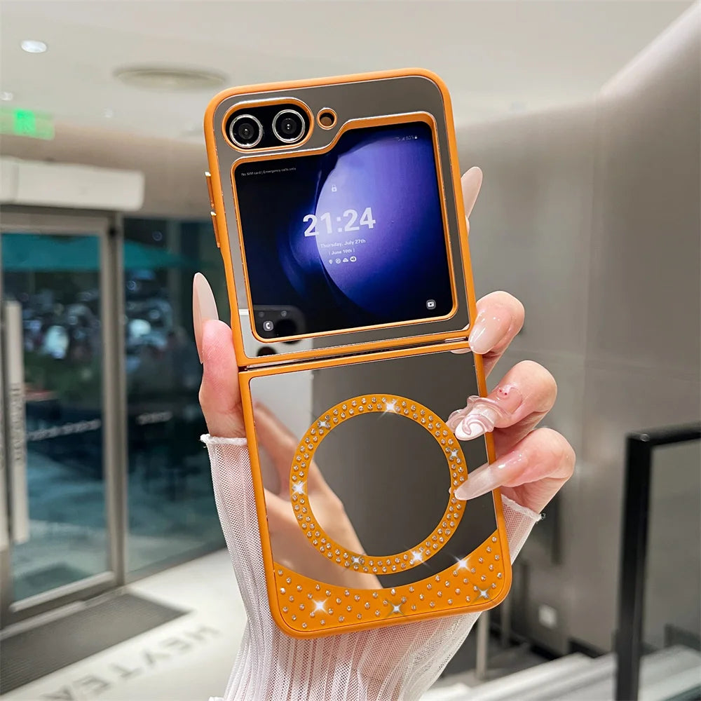 For Magsafe Glitter Diamond Magnetic Case For Samsung Z Flip 6 5 flip 4 3 flip6 zflip6 5G Wireless Charging Make Up Mirror Cover