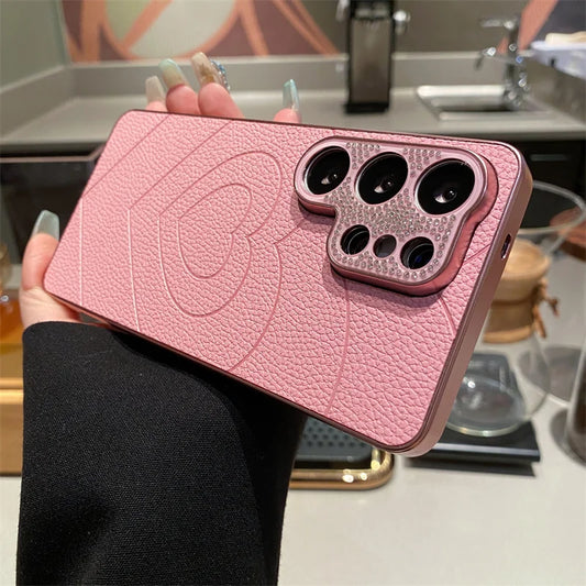 Diamond Camera Love Heart Leather Cases For Samsung S26 S25 S24 S23 S26Ultra Plus A07 A17 A35 A36 A53 A54 A55 A56 A37 A57 Cover