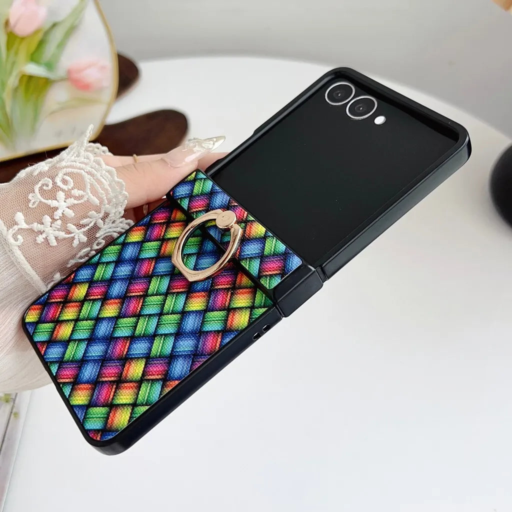 Dazzling Color Weave Pattern Case For Samsung Galaxy Z Flip 7 SE 6 5 4 3 ZFlip7 5G 3-piece Set With Finger Ring Colorful Cover