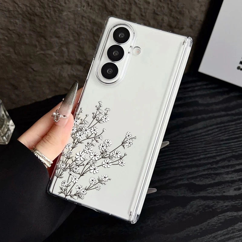 Magnetic Adsorption Clear Phone Case For Samsung Galaxy Z Fold 7 6 5 Fold7 Fold6 Fold5 5G Flowers Pattern Shockproof Hard Cover