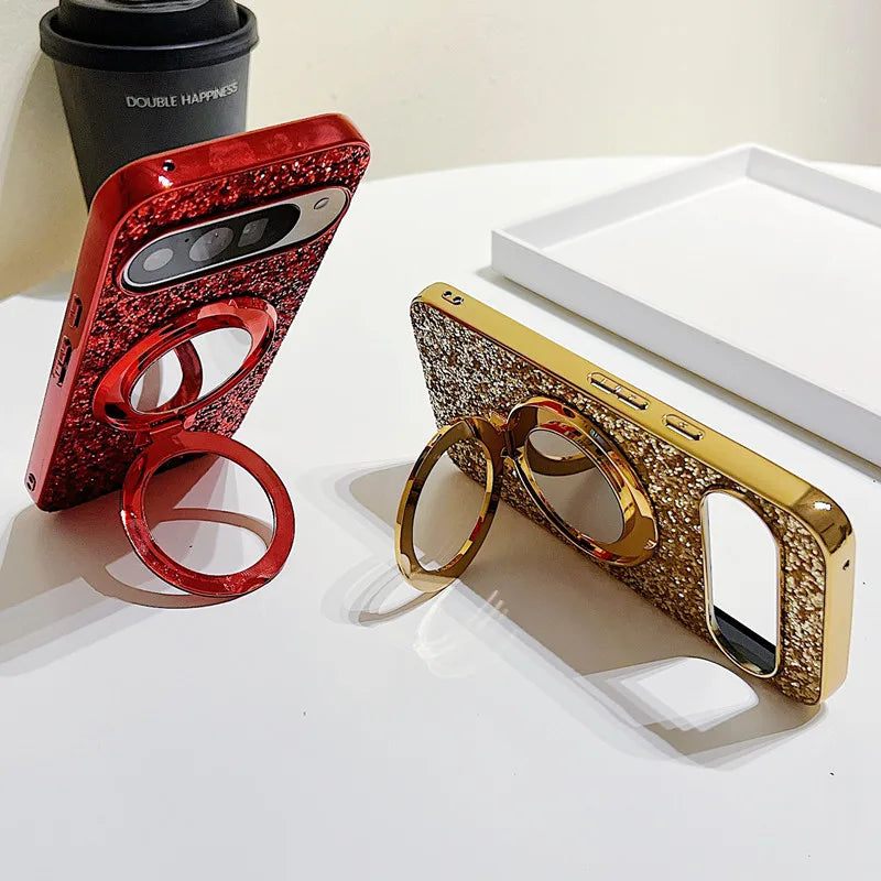 Bling Mirror Magnetic Metal Bracket Case For Google Pixel 9 10 Pro XL 8A 8Pro 7A 6 7 Pro Wireless Charging Glitter Sequins Cover