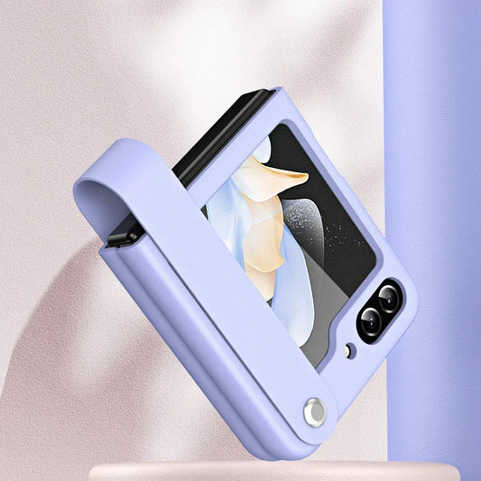 Skin Leather Case for Samsung Galaxy Z Flip 3 4 5 6 7 5G Flip7 Flip5 Flip6 Hand Strap Holder Protection Shockproof Fashion Cover