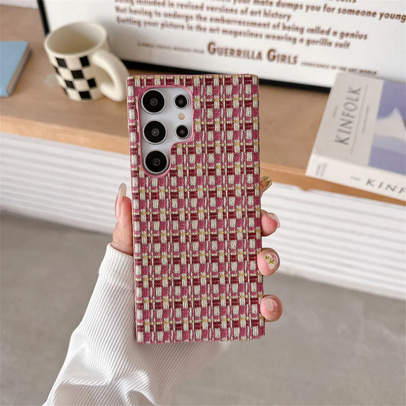 Fashion Grid Woven Cloth Braid Contrasting Color Breathable Phone Case For Samsung Galaxy S24 S23 S22 Ultra TPU Shockproof Cover