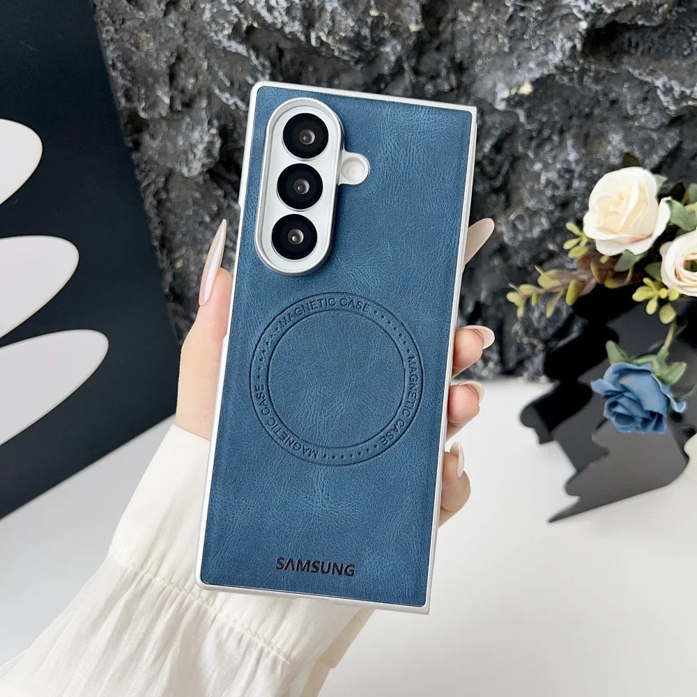 Retro Leather Cover Samsung Galaxy Z Fold 7 6 5 4 Magsafe Wireless Charging Cover For Galaxy Fold6 Fold7 Hard Shockroof Case