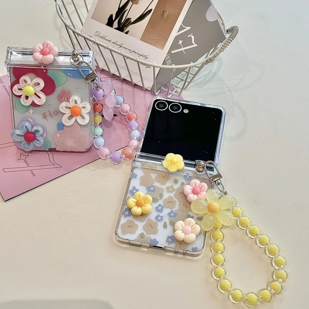 Cute 3D Flower Beads Wrist Chain Case for Samsung Galaxy Z Flip 7 6 5 zflip 3 4 Flip7 Bracelet Hard Acrylic Ins Korean Cover