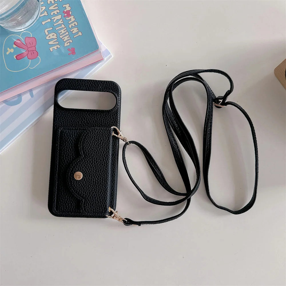 Leather Litchi Wallet Cards Slot Bag Case For Google Pixel 9 8 7 6 9 Pro XL 8A 7A 6A 9XL Shoulder Strap Lanyard Skin Feel Cover