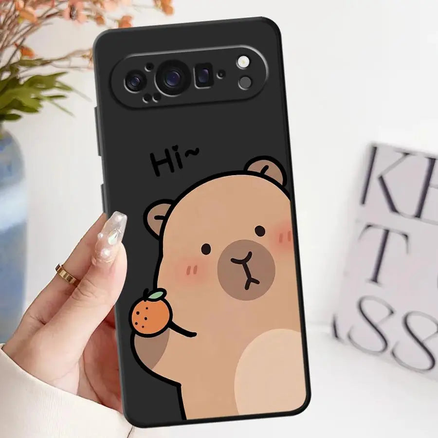 Phone Case for Google Pixel 7a 6 7 8 Pro 9a 10 9 Pro XL 8a 6a Black Soft Shell Cute Capybara Cartoon