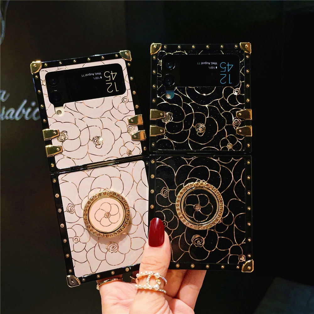 Luxury Shockproof Cover Retro Glitter Gold Line Rose Flower Phone Case for Samsung Galaxy Z Flip 7 Flip 6 Z Flip 5 Flip 4 Flip 3