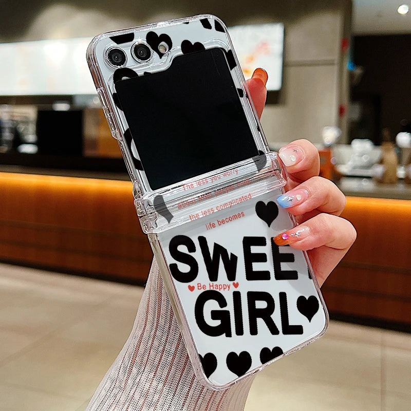 Love Heart Print Transparent Phone Case For Samsung Galaxy Z Flip7 FE Flip6 Folding Hard Cover For Samsung Z Flip 7 6 5 4 3 5G