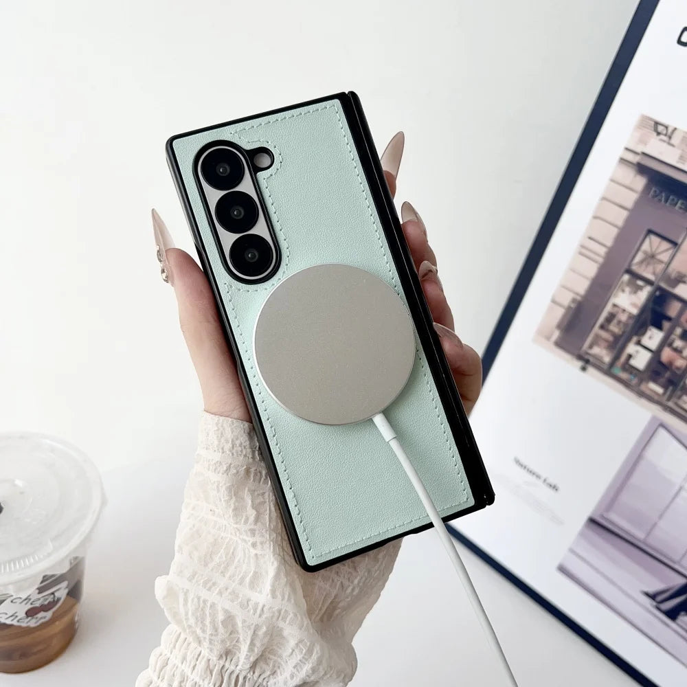 For Samsung Z Fold 7 Leather for Magsafe Wireless Charge Case For Samsung Galaxy Z Fold 7 6 5 4 3 Hinge Protect Armor 2in1 Cover