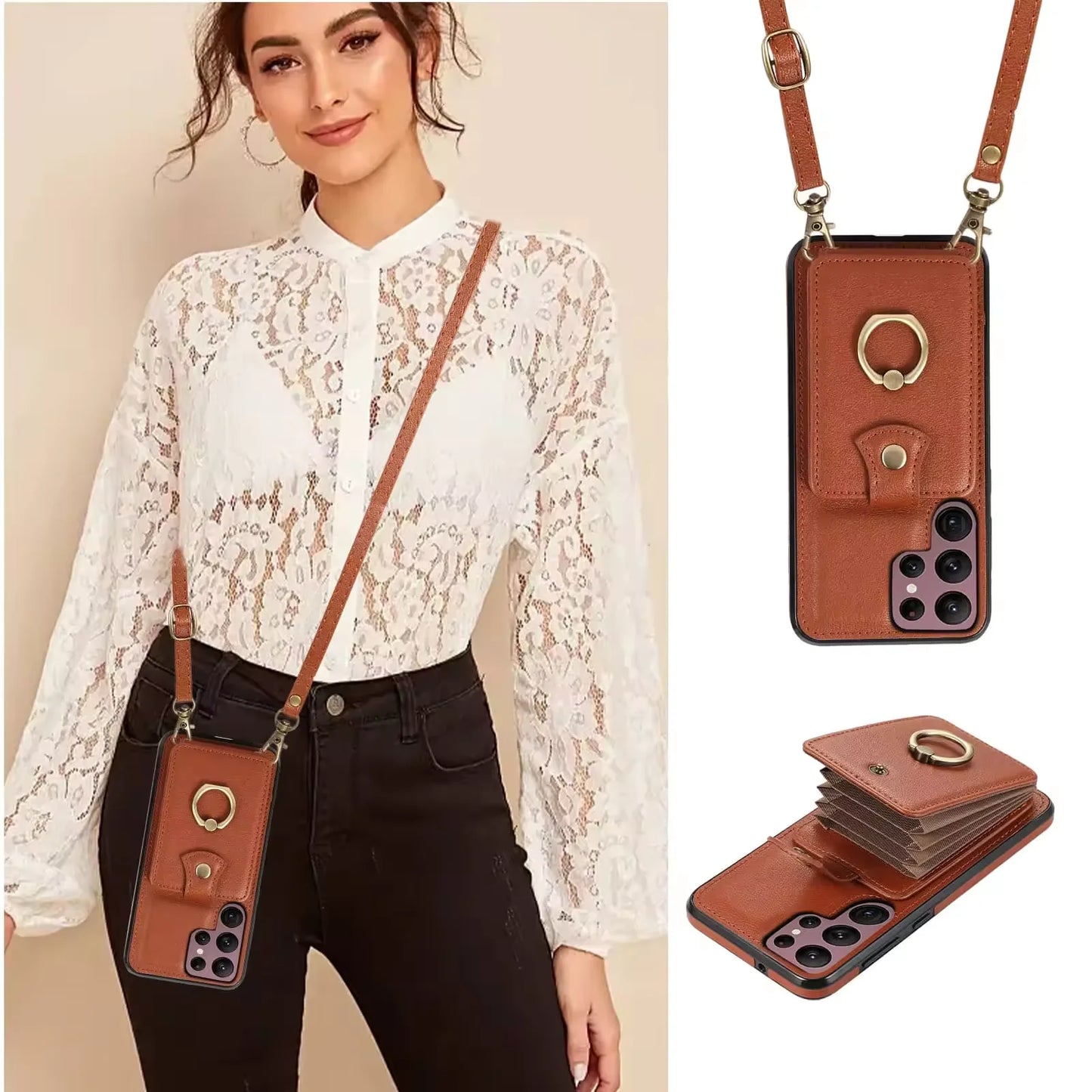 For Samsung Galaxy S25 24 23 22 Ultra/Note 10/20 Ultra/S20 FE/S10 Case Wallet with Card Holder, 360°Rotation Finger Ring Holder