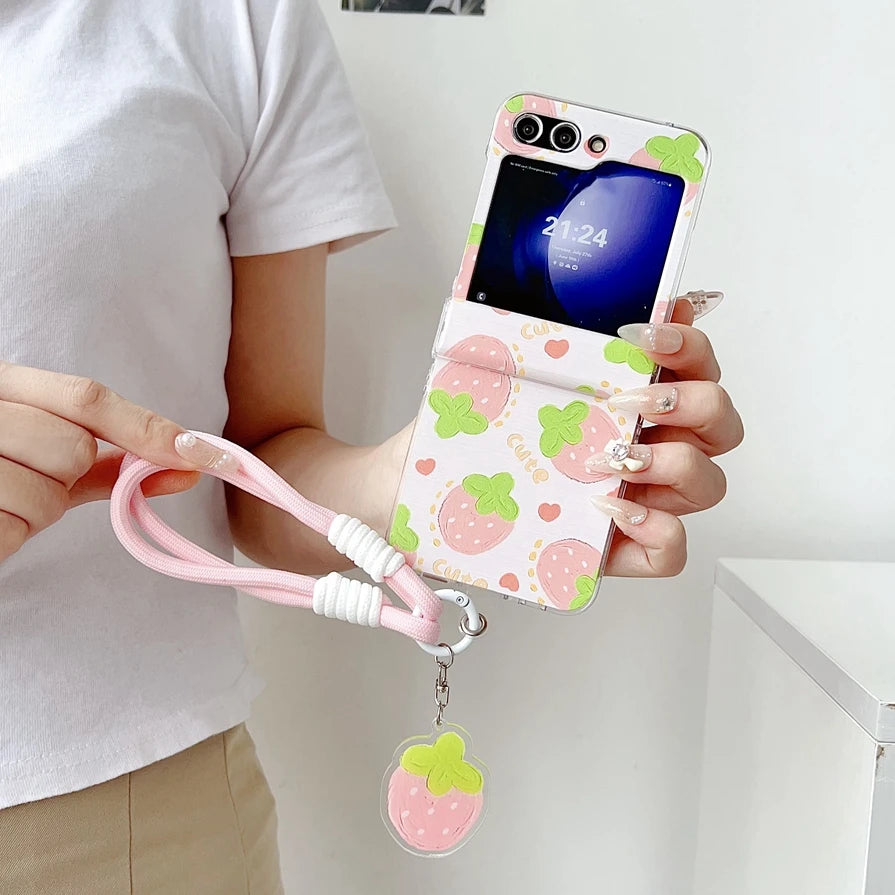 Cute Lemon Phone Cover For Samsung Z Flip 6 5 4 7 flip3 Wrist Chain Cases For Galaxy Z Flip 4 5 Hard Hinge Thin Protective Cover