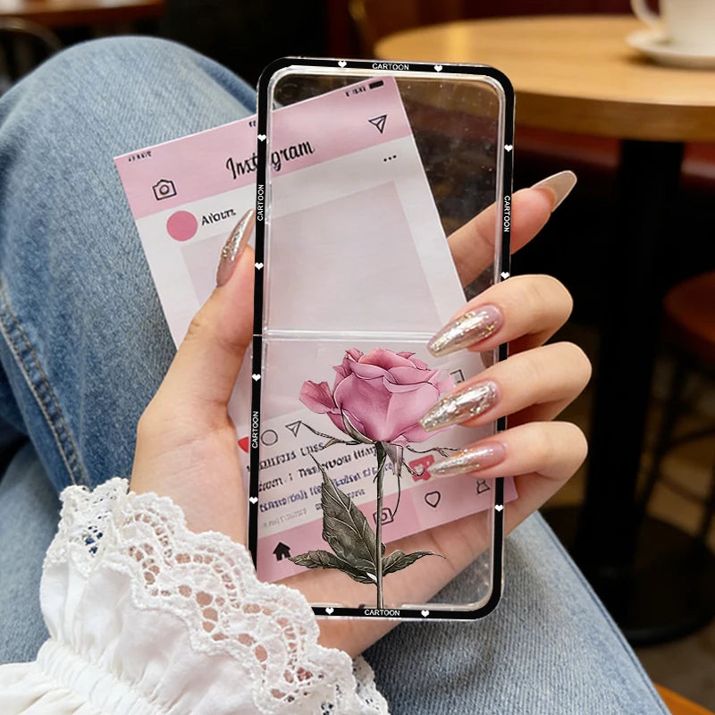 INS Korea Pink Peach Blossoms Phone Case For Samsung Z Flip 7 6 5 4 3 Z Flip7 Girls Flower Hard PC Back Cover Rose Pattern Shell