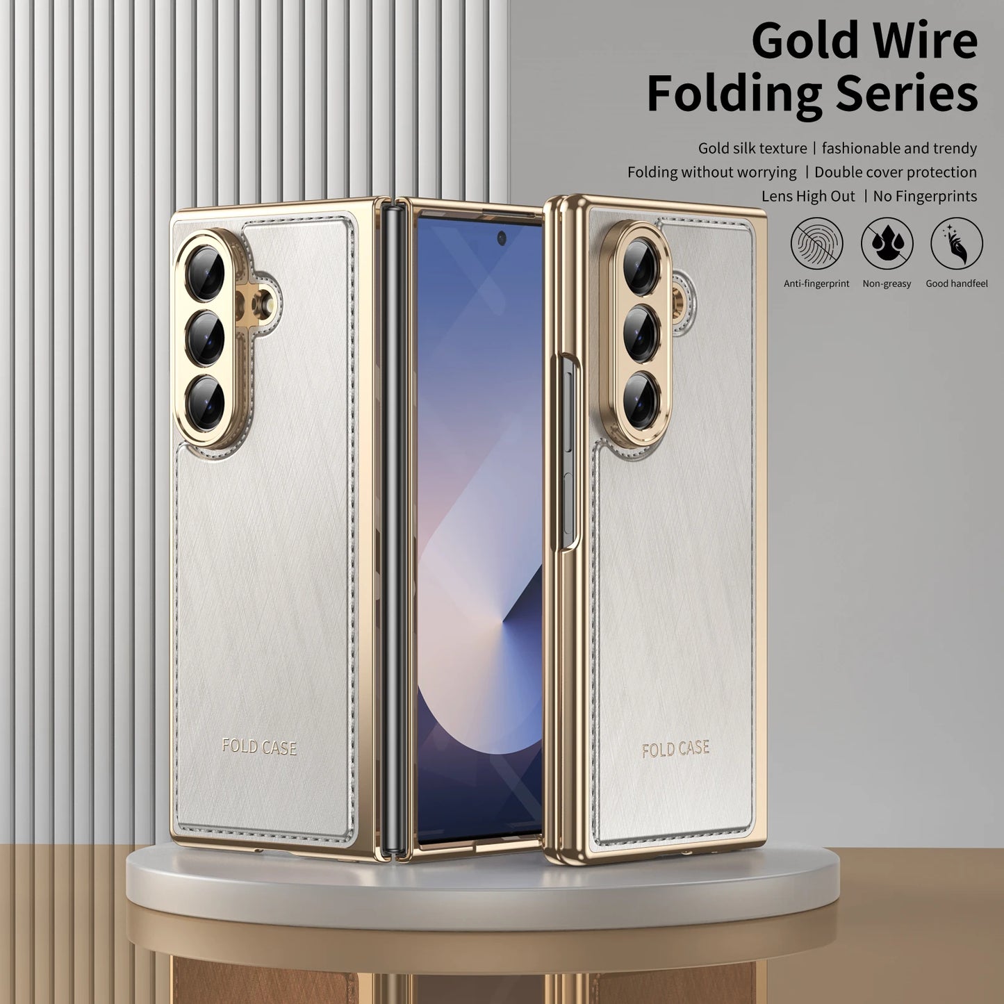 Golden Border Leather Phone Case with Steel Film for Samsung Galaxy Z Fold 7 6 5 4 3 Fold6 Hinge Protection Shockproof Cover