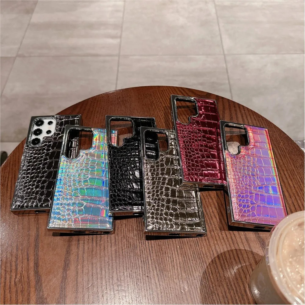 Luxury Gradient Crocodile Pattern Leather Laser Case For Samsung Galaxy S25 S24 S23 Ultra Plus Aurora Color Plating Hard Cover