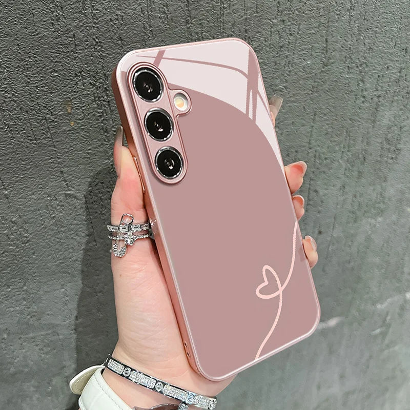 Line heart-shaped electroplated glass phone case suitable for Samsung GalaxyS26 S25 S24 S23 S22 S20S11S10FE/Ultra/Plus anti drop