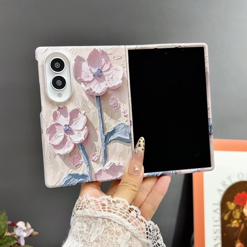 INS Relief Colorful Oil Painting Flower Lanyard All-inclusive Case For Samsung Galaxy Z Fold 8 Ultra Fold 7 Wrist Strap PC Cover