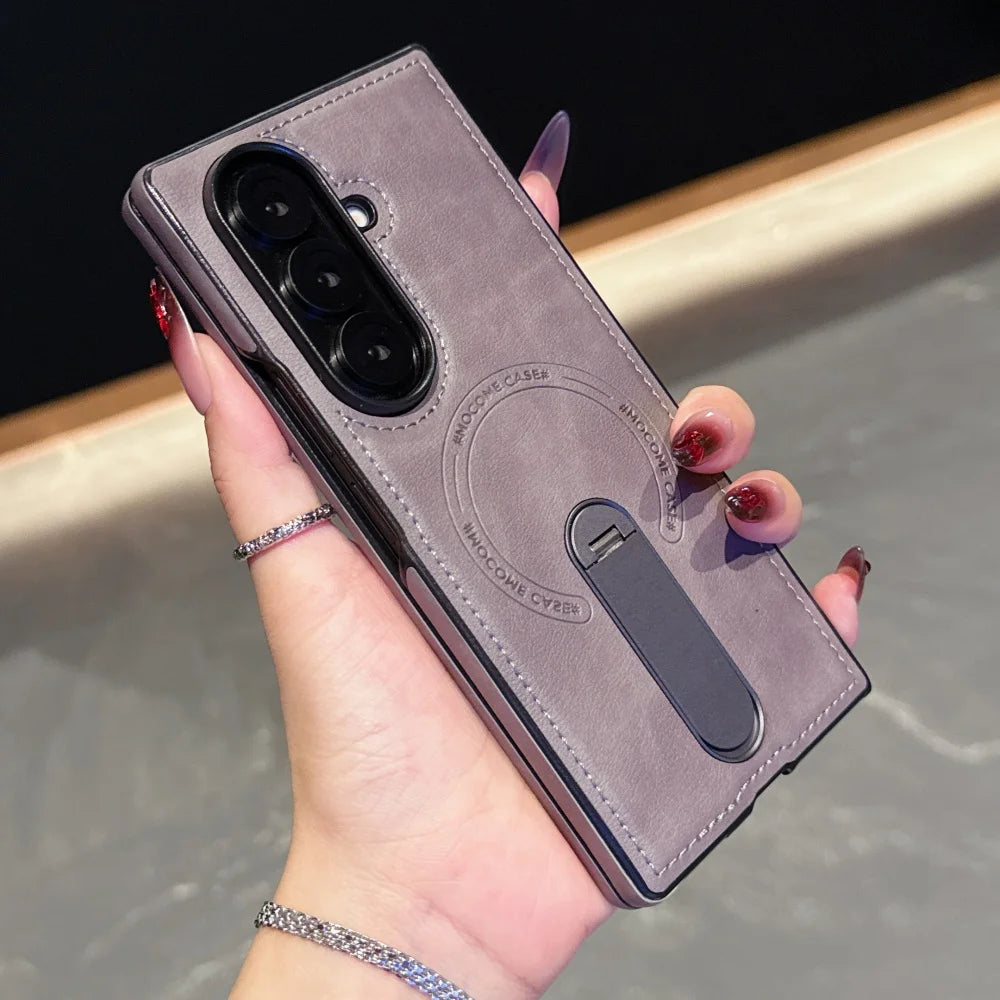 Luxury Magnetic Leather Case For Samsung Galaxy Z Fold 7 6 5 4 3 5G Folding Bracket Holder Wireless Charging Cover For Zfold7