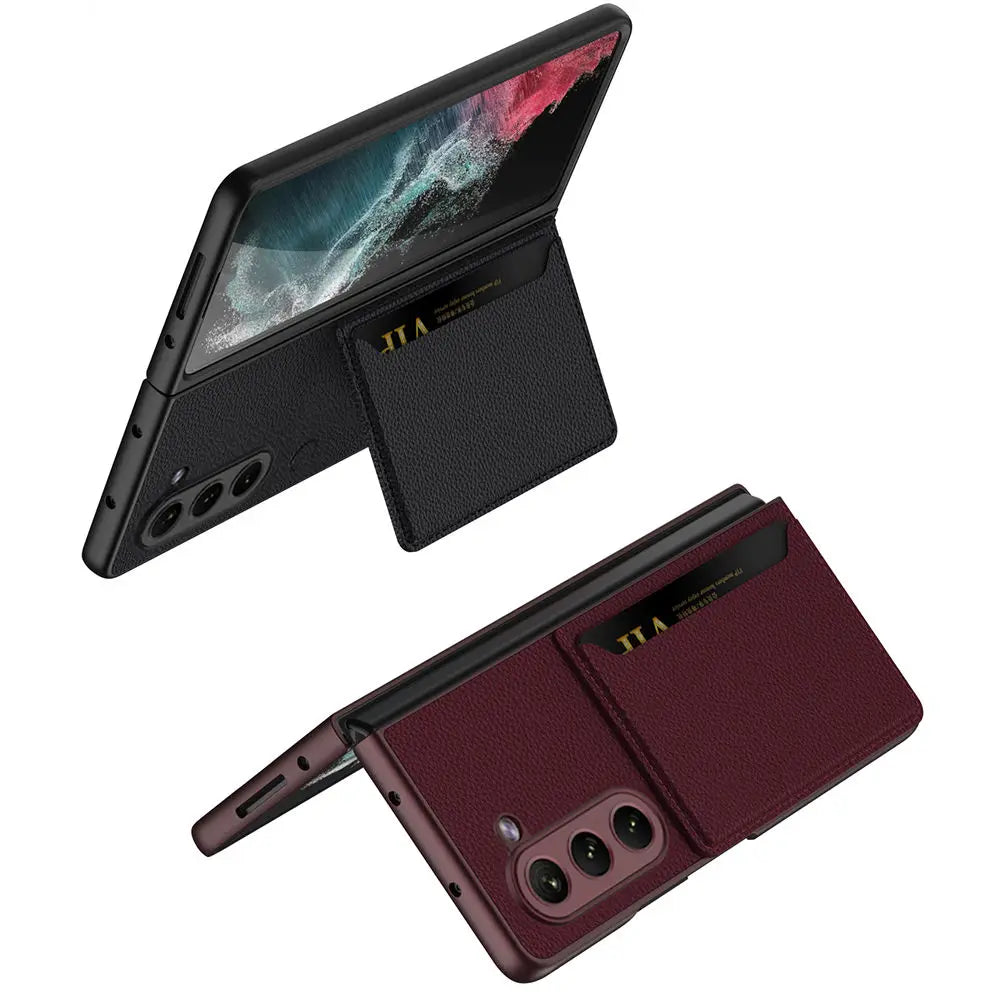 for Samsung Galaxy Z Fold 5 Card Bag Plain Leather Case Anti-fingerprint Delicate Touch Drop-proof Full Protection Cover