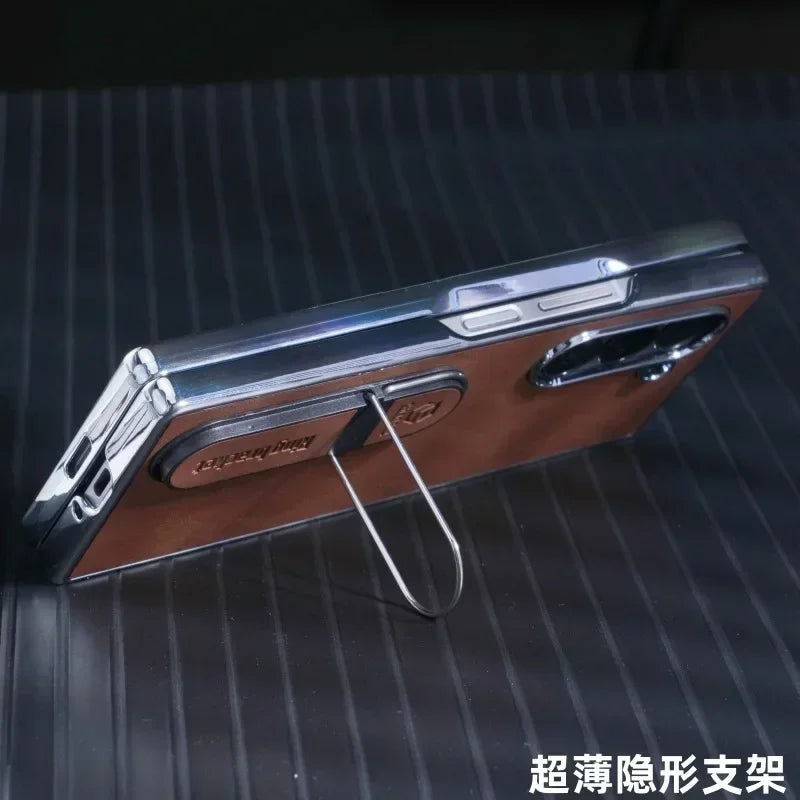 Leather Bracket Phone Case For Samsung Galaxy Z Fold 7 6 5 4 3 Electroplated Z Fold7 Fold6 Fold5 Fold4 Fold3 Protective Cover