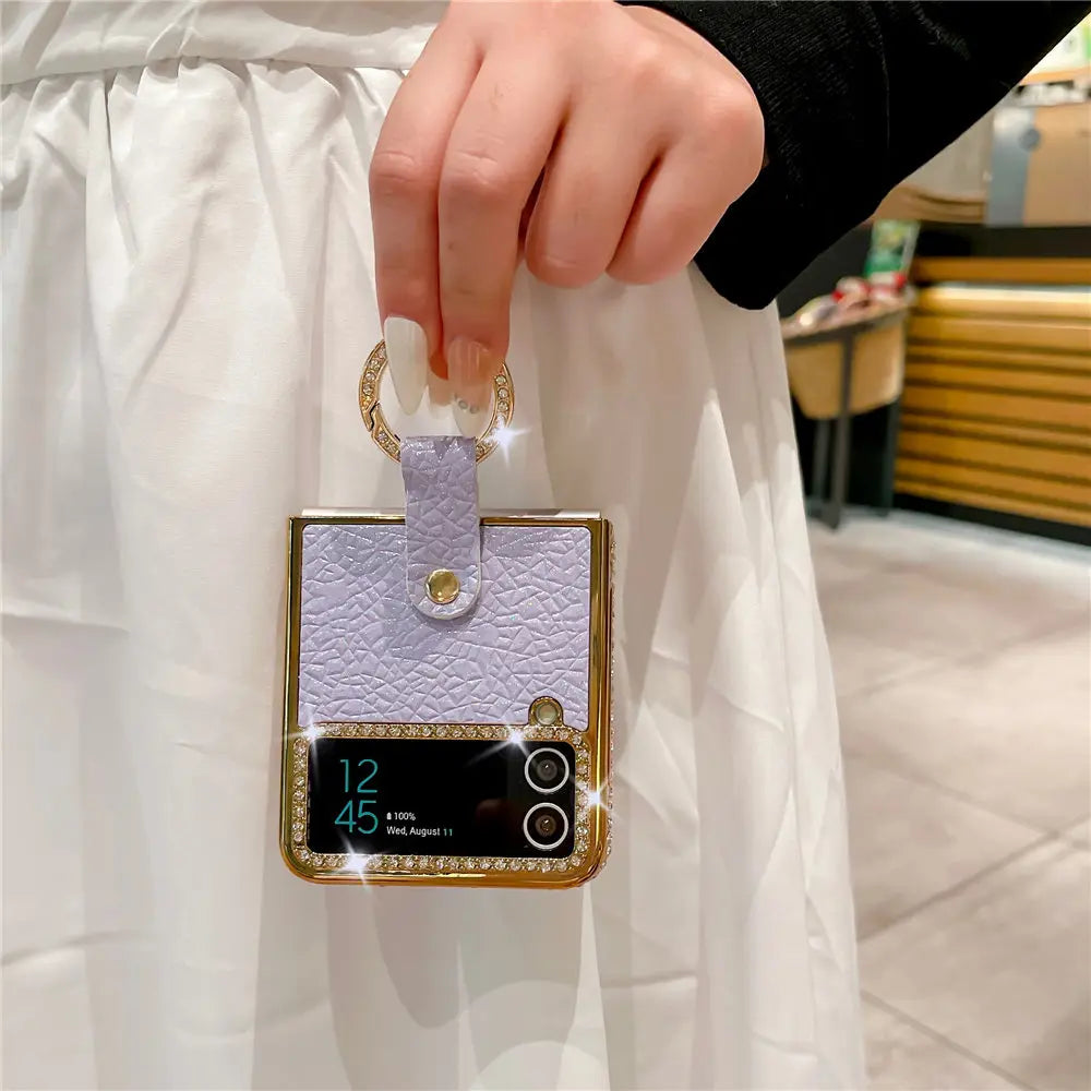 Ring Holder PU Leather Plating Case For Samsung Galaxy Z Flip 6 Flip 5 Flip 4 Zflip 3 Bling Diamond Shockproof Cover