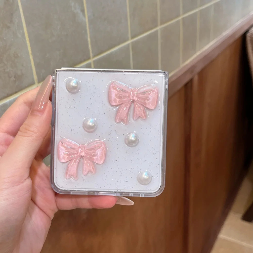 3D Pink Bow Glitter Transparent Phone Case for Samsung Galaxy Z Flip 8 7 6 5 7FE Pearl Clear Resin Cover for Samsung Z Flip 8