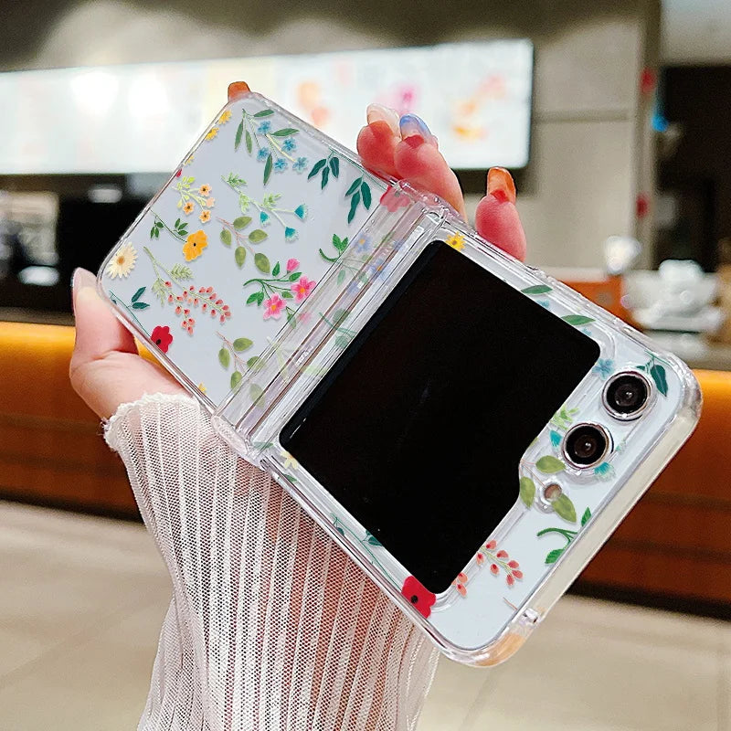 Flower Pattern Folding Case For Samsung Galaxy Z Flip7 FE Flip7 Flip6 Clear Shockproof Cover For Samsung Galaxy Z Flip 7 6 5 4 3