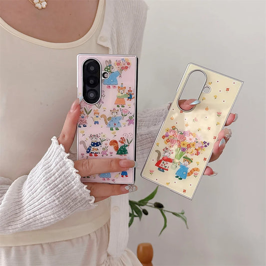 Korean Cute Flower Kitten Glass Phone Case for Samsung Galaxy Z Fold 7 6 Fold 6 Fold 7 Fold 6 7 Cover Fashion Shockproof Funda