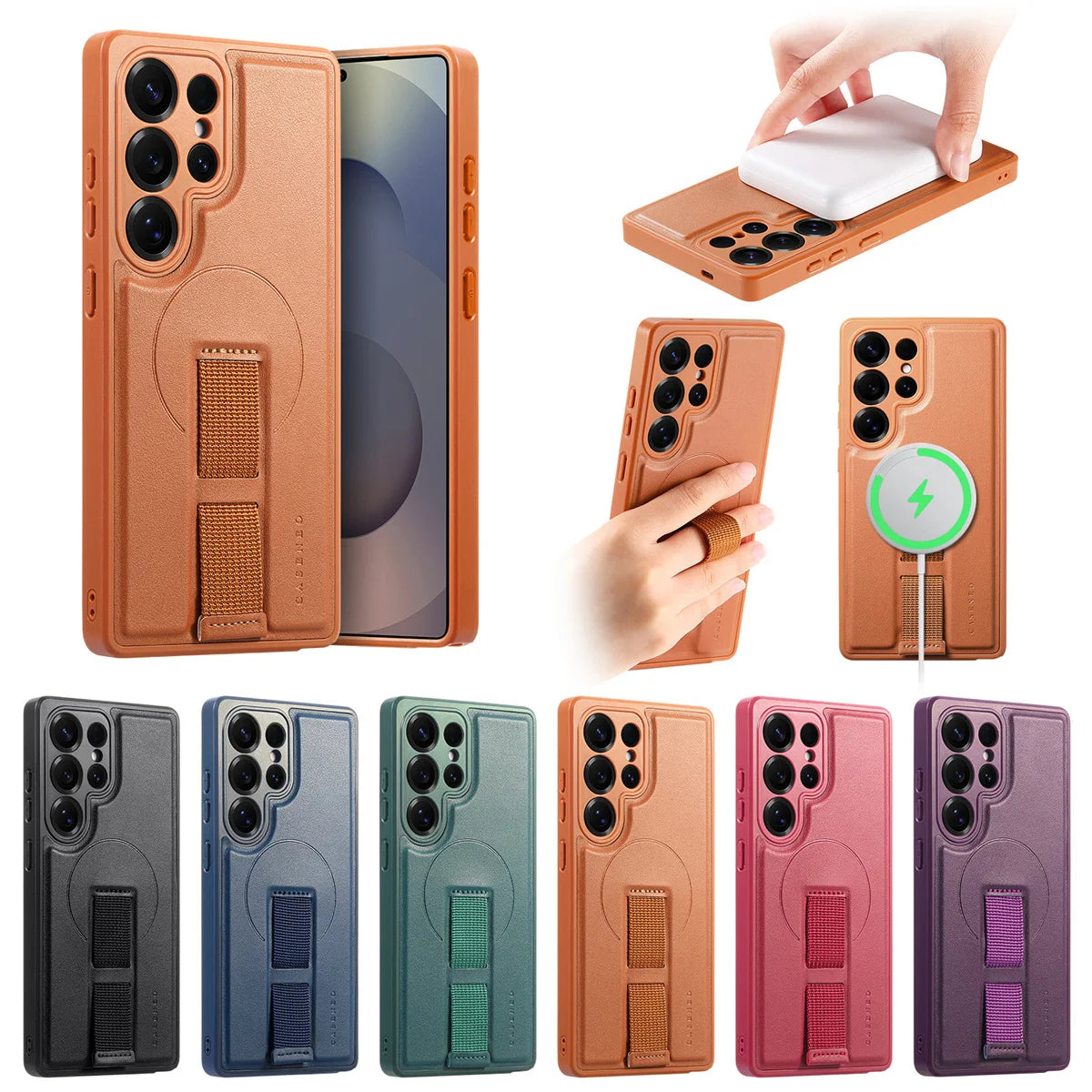 For Magsafe Magnetic Wrist Strap Phone Case for Samsung Galaxy S25 Edge S25 Ultra S24+ Plus Leather ShockProof Protective Cover
