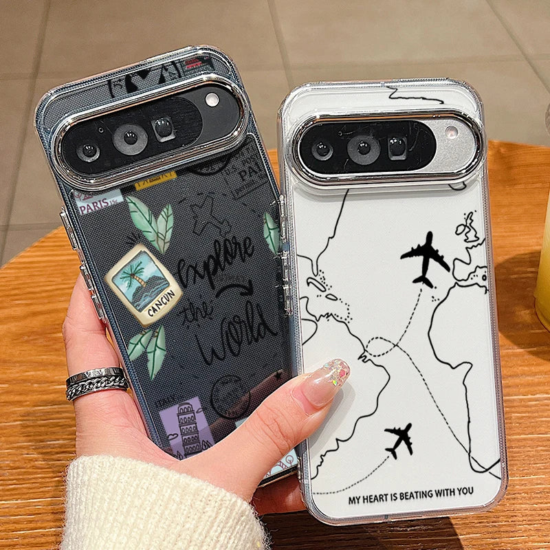 Travel Route Map Pattern Clear Phone Case For Google Pixel 10 9 8 Pro Pixel 9 10 Pro XL 7A 8A 9A Shockproof Soft TPU Back Cover