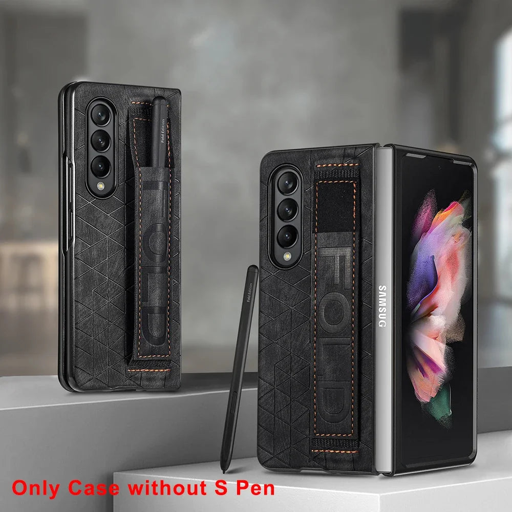 Leather Case for Samsung Galaxy Z Fold 6 5 4 3 5G Cover Stripe Geometric Soft Shockproof Hand Band SPen Slot Shell Funda Holster