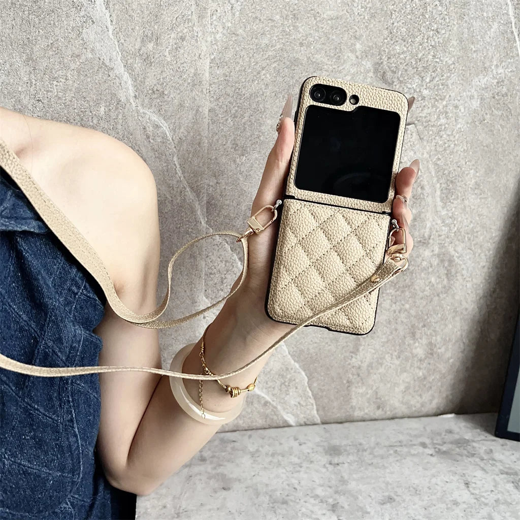 Luxury Crossbody Lanyard Rhombus Pattern PU Leather Phone Case For Samsung Galaxy Z Flip 8 7 FE 6 5 4 5G Hinge Protector Cover
