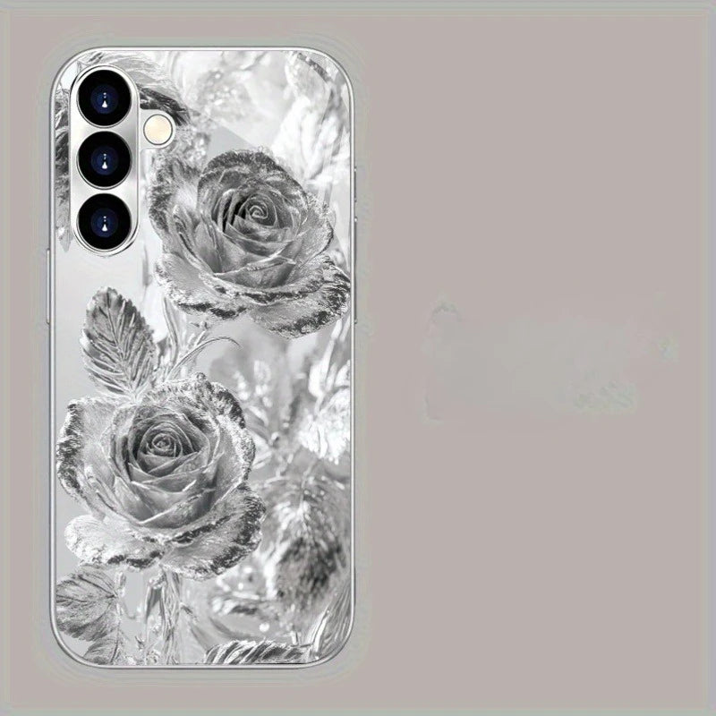 Gold-plated tempered glass phone case, compatible Galaxy S26 S25 S24 S23 S22 Ultra Plus. Features a silver rose design.