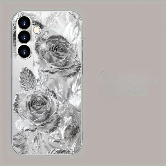 Gold-plated tempered glass phone case, compatible Galaxy S26 S25 S24 S23 S22 Ultra Plus. Features a silver rose design.