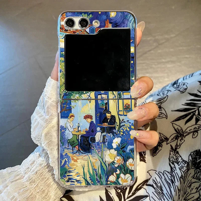 Art Van Gogh Sunflower Cat Oil Painting Phone Case For Samsung Galaxy Z Flip 6 5 7 3 4 Clear Hard PC Folding Cover For Z Flip 5