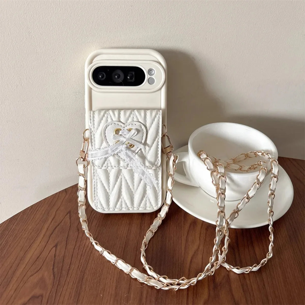 Crossbody Lanyard Card Holder Wallet Quilted PU Leather Phone Case with Ribbon Bow For Google Pixel 10 Pro XL 9 8 7 9a 8a 7a